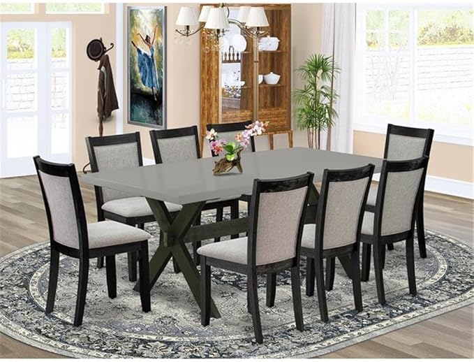 East West Furniture X697MZ606-9 9 Piece Kitchen Table & Chairs Set Includes a Rectangle Dining Room Table with X-Legs and 8 Shitake Linen Fabric Parsons Chairs, 40x72 Inch, Multi-Color
