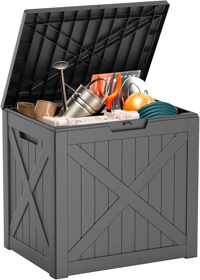 ROJIK 32 Gallon Outdoor Storage Housing Deck Box,Waterproof Patio Furniture, Garden Tools, Cushions, Pool Accessories Storage Bench with Lockable Lid and Side Handles(Black)