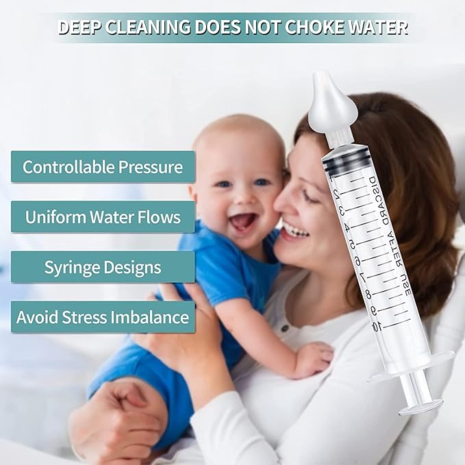 JUSONEY Baby Nose Syringe - Professional Fly Baby Irrigator with Clean and Reusable Silicone Nose Tips (2 Pieces)