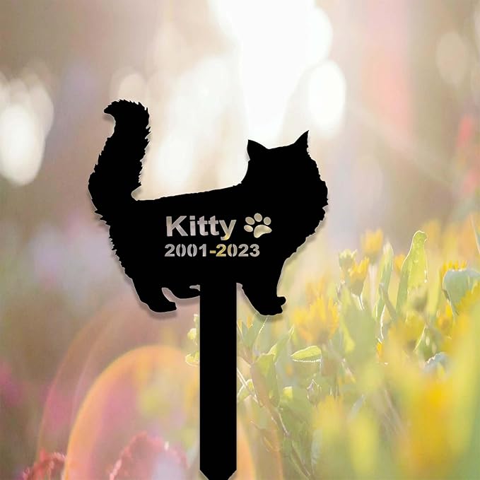 Custom Fluffy Cat Memorial Stake Sign - Metal Long Hair Grave Marker - Personalized Garden Decor - Pet in Heaven Remembrance Yard Stake - Sympathy Gift