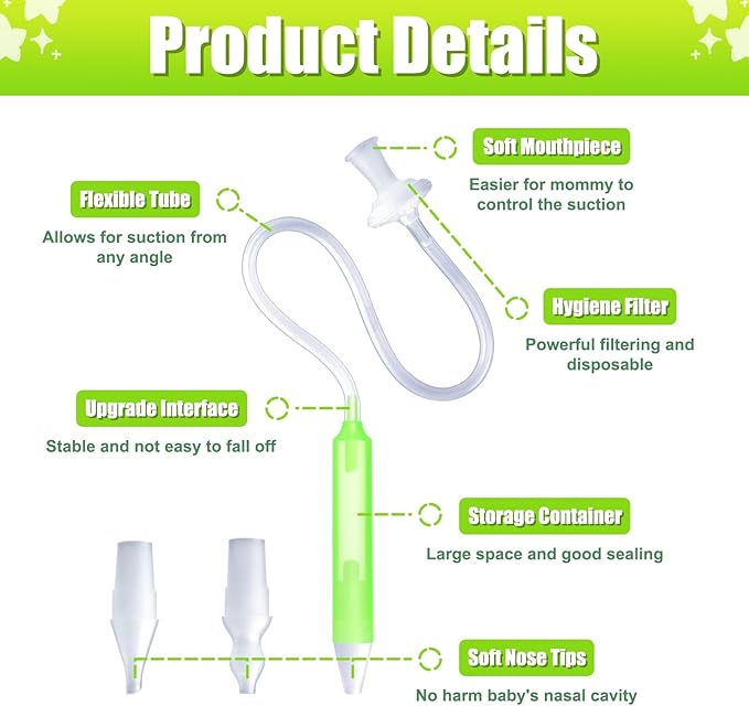 Baby Nasal Aspirator Nasal Congestion Relief with 25 Hygiene Filters 2 Silicone Tips with Nose Cleaning Tweezer, Green
