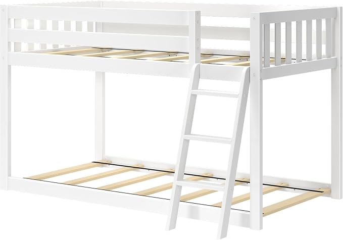 Max & Lily Fundamental Twin Low Bunk Bed, Kids Solid Wood Modern Bed Frame with Strong Wooden Slats, Non-Toxic Finishes, High Weight Capacity, White