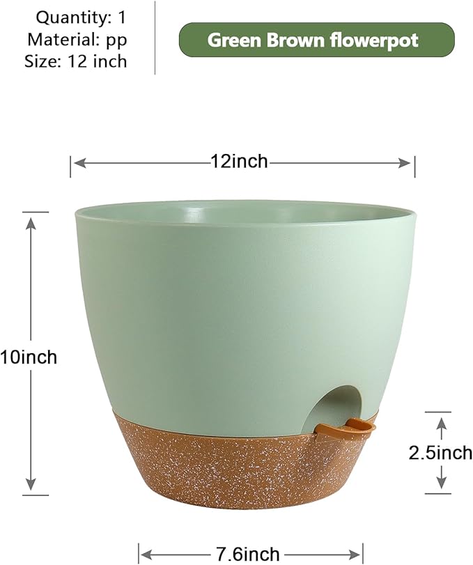 12 inch Large Self Watering Pots, Flower Plant Pots with Drainage Holes for Indoor Outdoor Garden Plants, Plastic Planters with Removable Deep Reservoir, Green with Brown