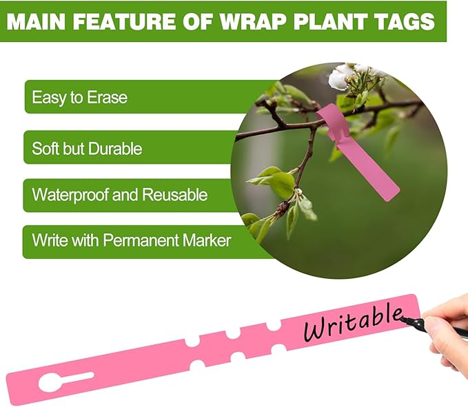 Plant Labels Yuanling Plastic Plant Tree Tags Wrap Around Hanging Tags Nursery Tree Markers Adjustable Garden Labels for Indoor Outdoor Gardening Plants (Pink)
