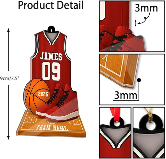 Famitrendz Custom Basketball Christmas Ornaments 2025, Custom Name Basketball Acrylic Christmas Tree Decorations, 2D Flat Baller Ornaments for Tree 04