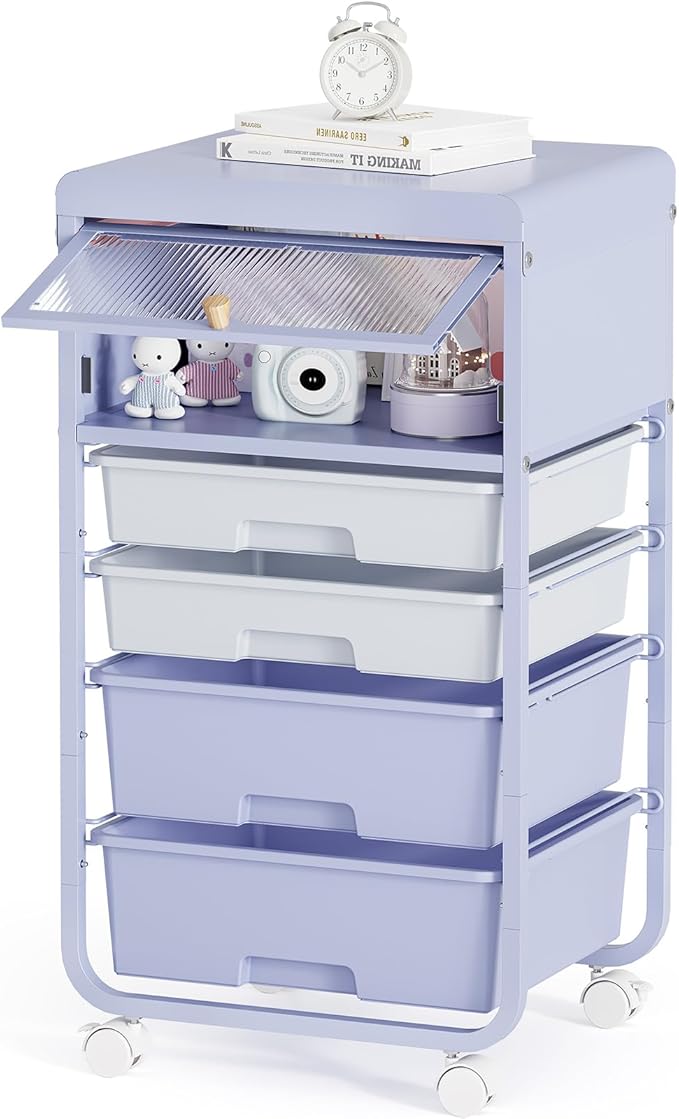 Utility-Rolling-Storage-Drawer-Craft-Cart-Organizers with 4 Drawers & Dust-Proof Door for Kid Craft Art Room,Bedroom,Home Office, Lavender Purple