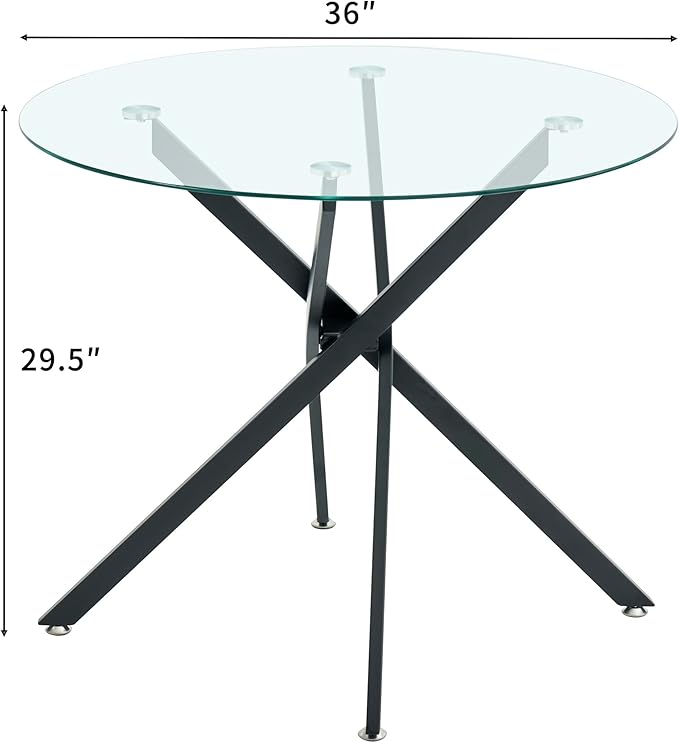 36" Round Glass Dining Table Modern Kitchen Glass Top Table for 4 with Black Metal Legs, Clear Dining Table Kitchen Table for Home Office Dining Room