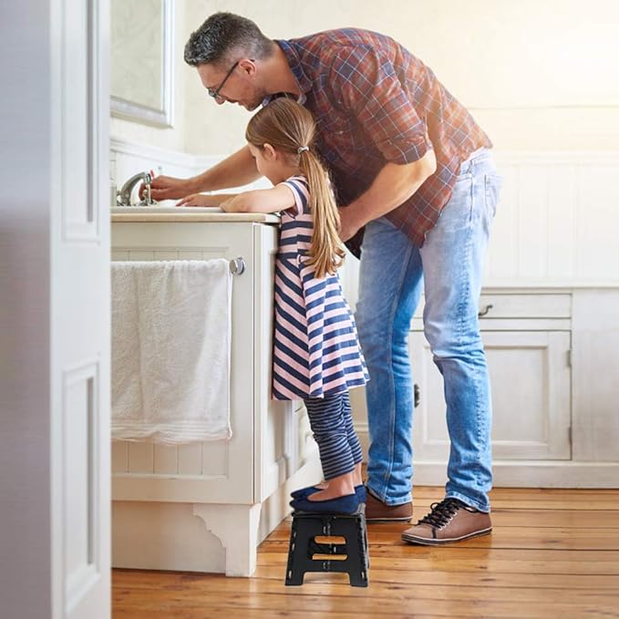 ACSTEP Folding Step Stool 9'' Tall Kids Step Stool Holds Up to 300 lb Plastic Foldable Step Stools for Kids Non-Slip Surface with Carry Handle Collapsible Stool for Home, Outdoor and Indoor(Black)