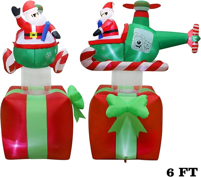 Juegoal Christmas Inflatables Outdoor Decorations, 6FT Inflatable Xmas Santa Claus with Helicopter on Gift Box, Lighted Blow Up Santa Flying Airplane, Built in Light for Holiday Lawn Yard Garden Decor