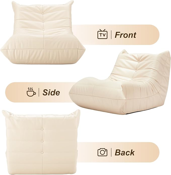 Hobestluk Giant Bean Bag Chair Lazy Floor Sofa, Memory Foam Fireside Sofa for Adults, Big Beanbag Faux Leather Armless Chair for Living Room Bedroom Dorm Office (Beige, Single)