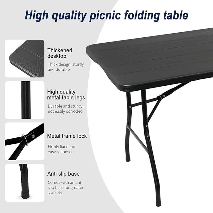 2-PCS 70.8" W X 29" D X 29" H - 6 ft Black Folding Table Heavy Duty Portable, Plastic Folding Utility Folding Table for Camping, Picnics & Parties