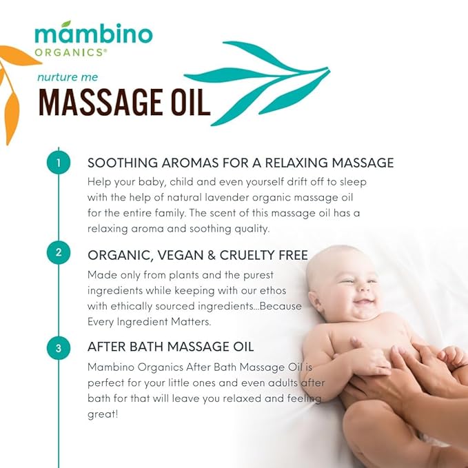 Mambino Organics Massage Baby Oil – Organic, Nourishing with Egyptian Calendula, Chamomile & Lavender – Gentle for After-Bath Relaxing – Cruelty-Free Baby Oils for Baby & Kids, 5 fl oz