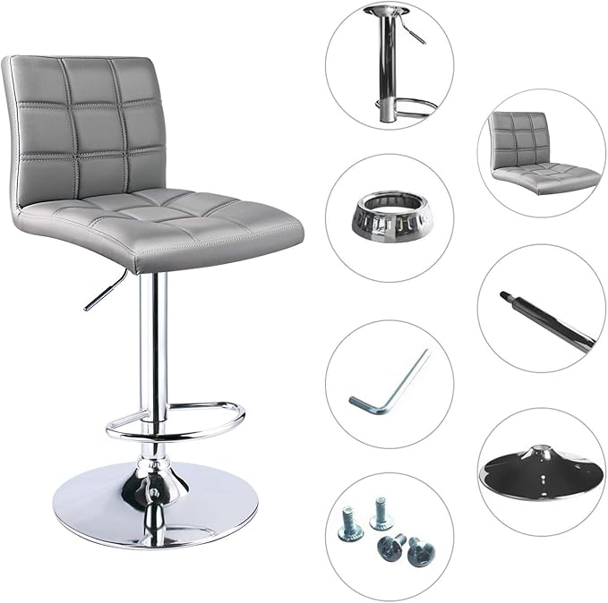 Leopard Modern Square Back PU Leather Adjustable Bar Stools with Back, Set of 2, Counter Height Swivel Stool (Light Grey)