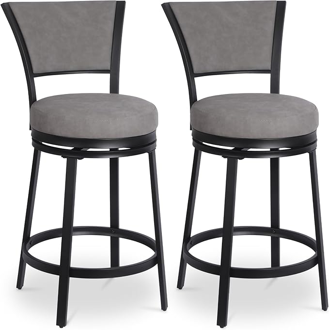 Bar Stools, Modern Counter Height Barstools Set of 2, 25" Faux Leather Round Swivel Bar Stools with Backrest, Upholstered Metal Bar Chairs for Kitchen Island, Kitchen Counter, Pub, Grey