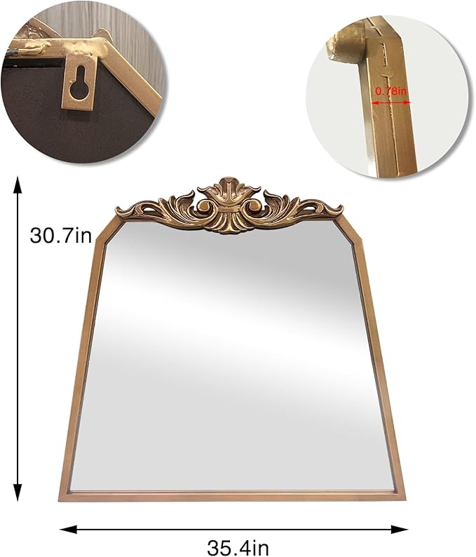 POZINO Gold Arch Mirror, 30"x35" Antique Mirror with Ornate Crown Molding, Vintage Decorative Mirrors for Bathroom Bedroom Entryway Fireplace Living Room
