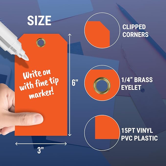Tags 4 Less 15 Mil Waterproof Plastic Tags, Pack of 100 – 3” x 6” Heavy Duty Plastic Tags for Labeling, Outdoor Tagging, Equipment Labeling, Luggage, Valves & More (Orange)