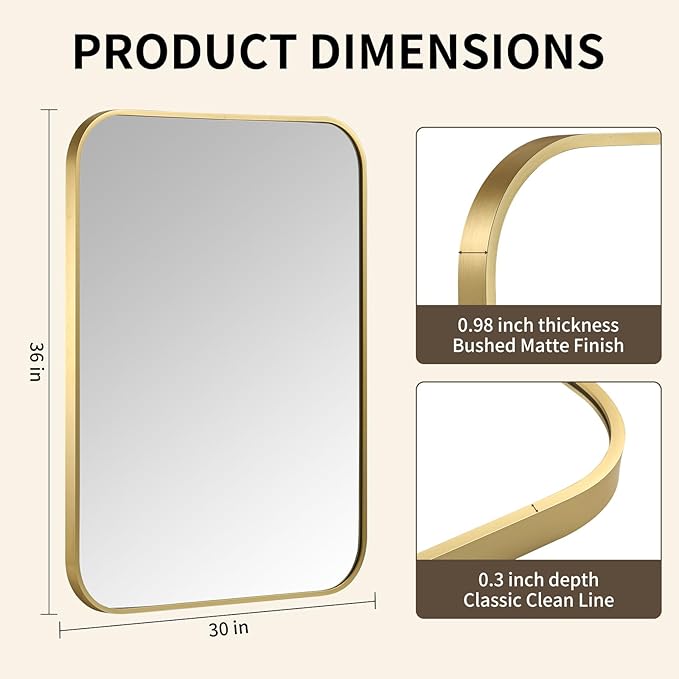 Gold Bathroom Mirror, 30x36 Inch Aluminum Frame Rectangle Mirror, Anti-Rust, Tempered Glass, Wall Mirror for Over Sink, Vanity, Bedroom, Entryway, Horizontal/Vertical