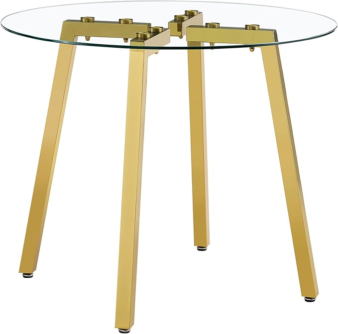 Round Dining Table for 4 Modern 36" Round Glass Dining Table Kitchen Table with Glass Tabletop and Metal Legs for Dining Room and Kitchen, Gold