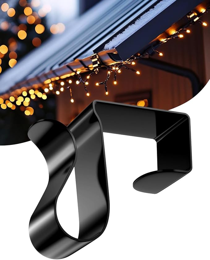 Gutter Clips for Hanging Outdoor Lights: 50 Pcs Metal Black Christmas Light Clips for outside String Lights - Weatherproof Gutter Clips for Xmas Halloween Seasonal Rope Mini Decoration Lights