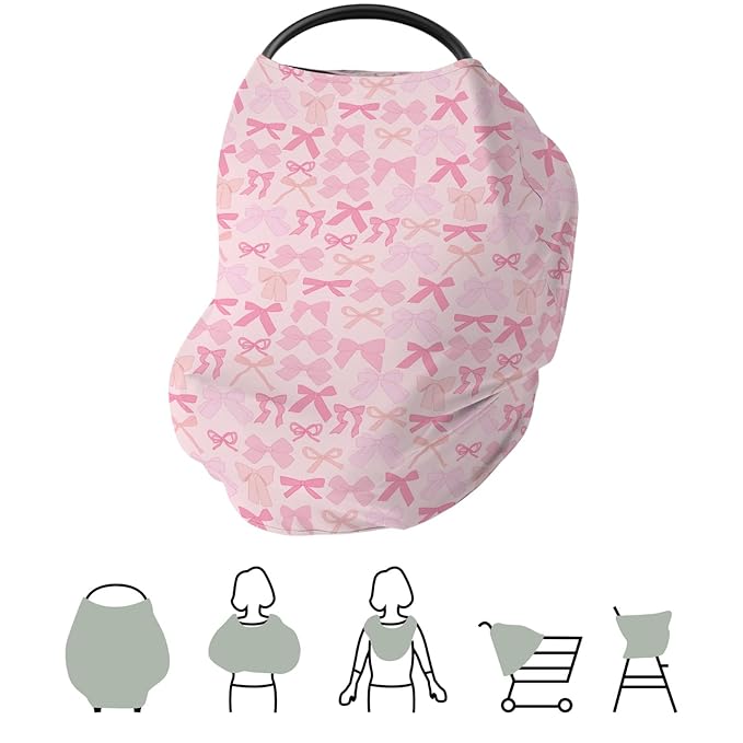 Girl Pink Bows Car Seat Covers for Baby Valentine Bows Stretchy 5-in-1 Cover Adjustable Infant Carseat Canopy Cover Spring Pink Ribbons Breathable Nursing Cover-Up