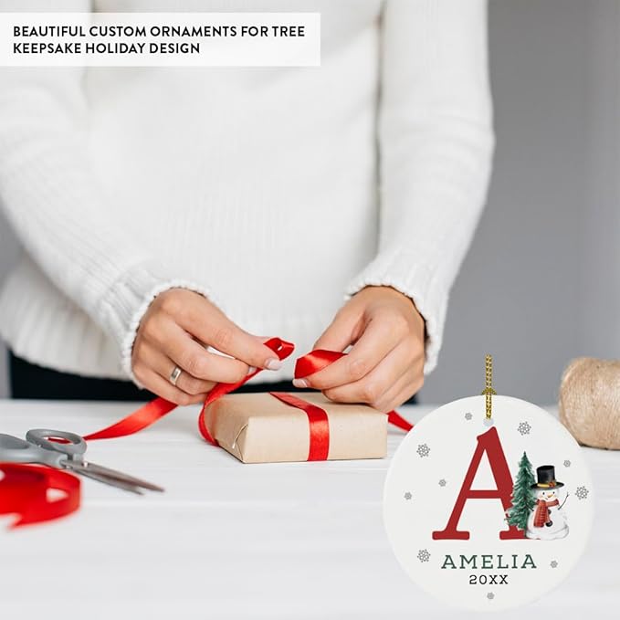 Andaz Press Personalized Christmas Ornament, Custom Name Initial A Monogram Snowman 2.8" Ceramic Porcelain 2025 Christmas Ornament For Kids Boys Girls 1-Pack Initial Ornaments Name Ornaments Christmas