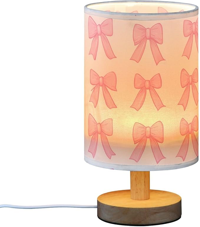 Bedside Table Lamp Cute Pink Bows Nightstand Lamp with Wood Desk Lamps for Bedroom Living Room Nursery Office Home Decor