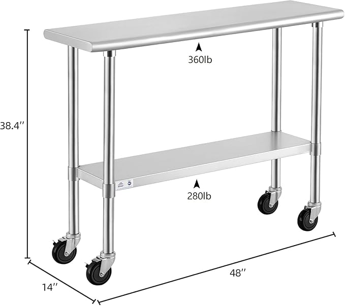 ROCKPOINT Stainless Steel Table for Prep & Work with Caster Wheels 14x48 Inches, NSF Metal Commercial Kitchen Heavy Duty Table with Adjustable Under Shelf and Table Foot for Restaurant, Home and Hotel
