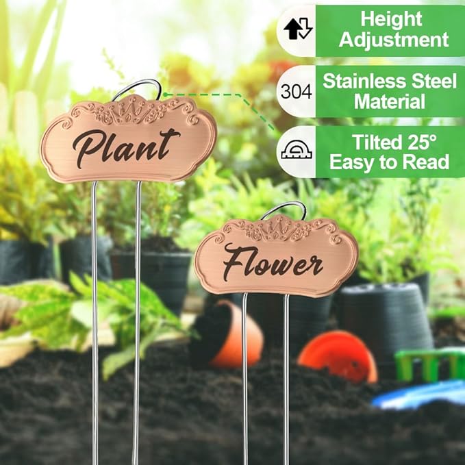 50 Packs Metal Plant Labels, Tall Outdoor Garden Markers for Flowers, Fruits and Vegetables, 304 Stainless Steel Weatherproof Signs (4" x 1.9", Gold)