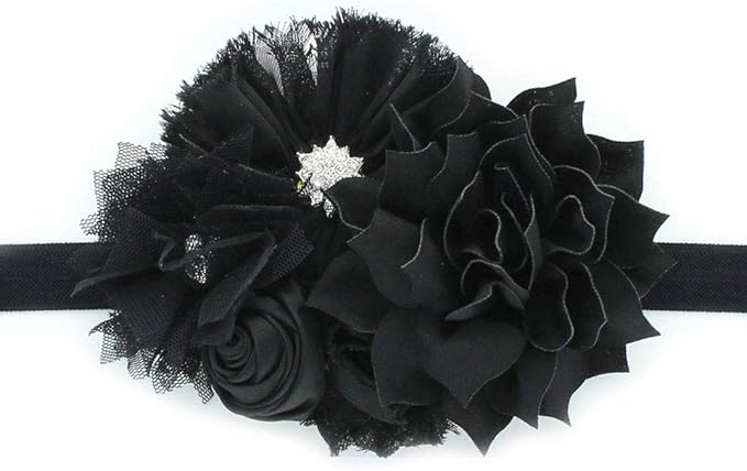 My Lello Headband Shabby Fabric Flower Cluster Baby - Infant - Toddler - Girl Stretchy Elastic Black
