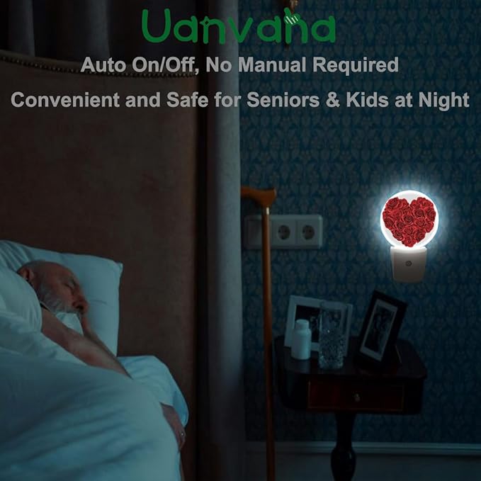 Rose Night Light Rose Flowers in Heart Shape Valentine's Day Night Lights Plug into Wall for Boys Girls, Plug-in Nightlight 0.5W LED Lighting for Stairway Hallway Bedroom