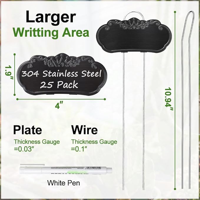 Metal Plant Labels,Tall Outdoor Garden Markers for Flower, Fruit and Vegetable, 304 Stainless Steel Weatherproof Signs (25 Packs, 4" x 1.9", Black)