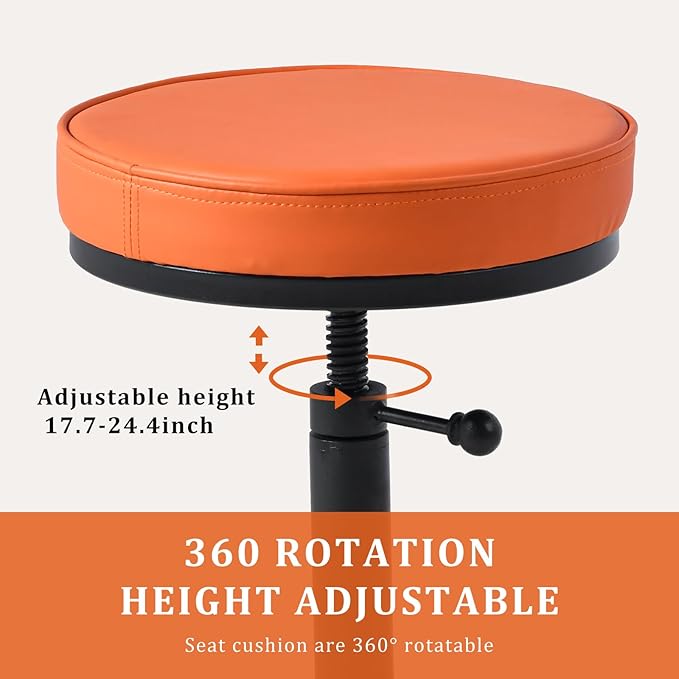 Vintage Short Bar Stools Industrial Swivel Counter Stools 17-24inch Height Adjustable Rustic Leather PU Seat Chairs for Kitchen Island Extra Seat Beside Sofa (Bright Orange)