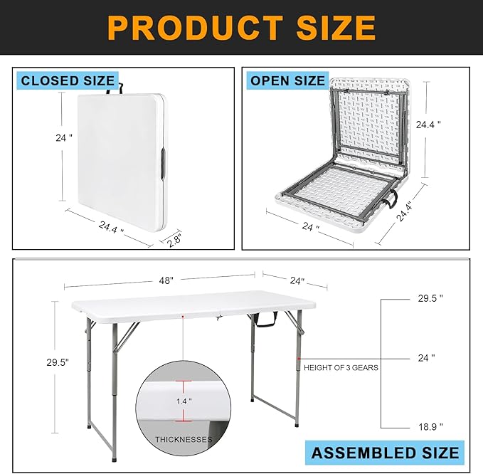 48" W x 24" D x 29.5" H - 4FT Adjustable Height Heavy Duty Plastic Fold-in-Half Foldable Table，White Portable Folding Table with Carrying Handle for Camping & Party