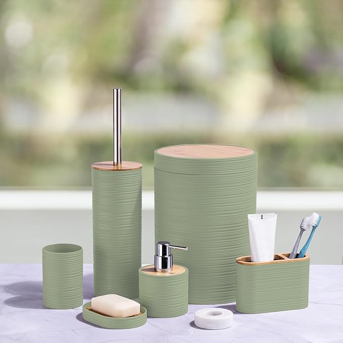 CERBIOR Bathroom Accessories Set 6 Piece Bamboo Bath Ensemble Includes Soap Dispenser, Toothbrush Holder, Toothbrush Cup, Soap Dish for Decorative Countertop and Housewarming Gift, Sriral Green