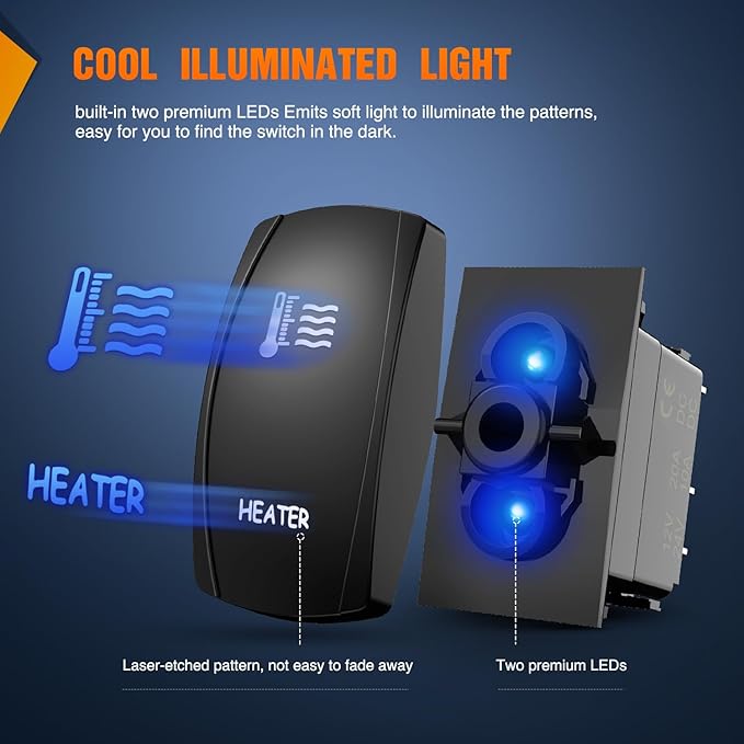 Nilight Heater Rocker Switch Led Light Bar 5 Pin Laser On Off SPST Switches 20A/12V 10A/24V Blue with Jumper Wires Set for Cars Trucks Boats ATVs UTVs RVs