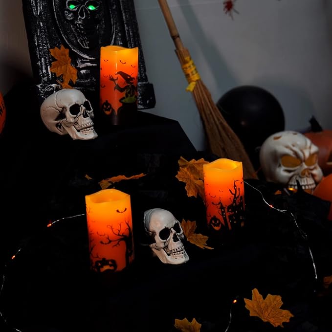 Homemory Halloween Candles, Orange Flameless Candles, Real Wax Flickering Battery Operated LED Pillar Candles with Remote Timers for Halloween Spooky Decoration, Day of The Dead, 3”x6”, Set of 3