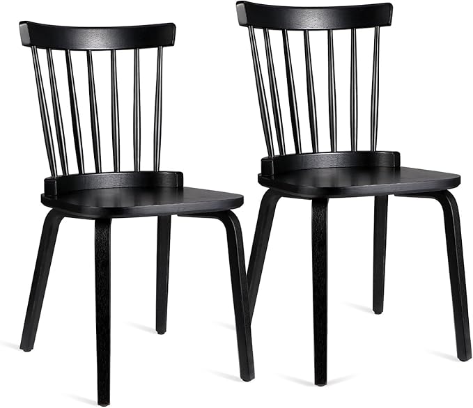 Unovivy Wood Dining Chairs Set of 2, Windsor Farmhouse Spindle Back, Widen Seat, Modern Mid-Century Country Style, for Living Room Restaurant, Black