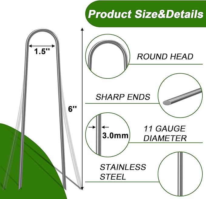 AAGUT Garden Staples 6 Inch Galvanized 100 Pack Round-Top Drip Hose Stakes Irrigation Hooks Heavy Duty 11 Gauge Lawn U Pins Sod Nails for Landscape Fabric, Soaker Hose, Chicken Wire, Dog Fence