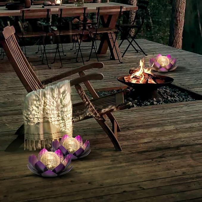Huaxu Solar Lights Outdoor Decor Purple Lotus Waterproof LED Crackle Globe Glass Metal Flower Decorations for Garden Patio Yard Porch Pathway Ground Tabletop