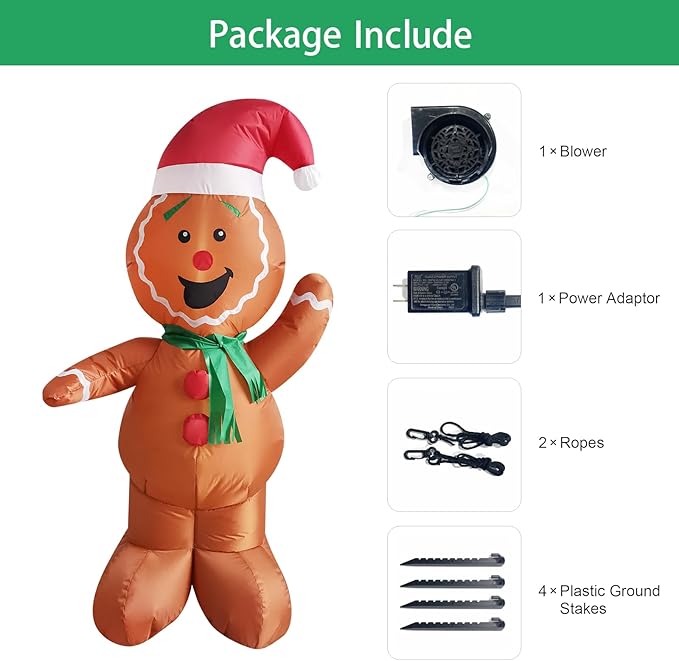 Mimi Funn 6FT Christmas Inflatable Gingerbread Man, Cute Christmas Blow Up Yard Decorations with Build-in LEDs for The Yard, Lawn, Garden