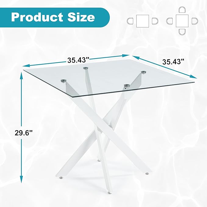 Dining Table for 4 Modern 35.43" Rectangular Glass Dining Table Kitchen & Dining Room Tables with Metal Base for Dining Room and Apartment, Matte White