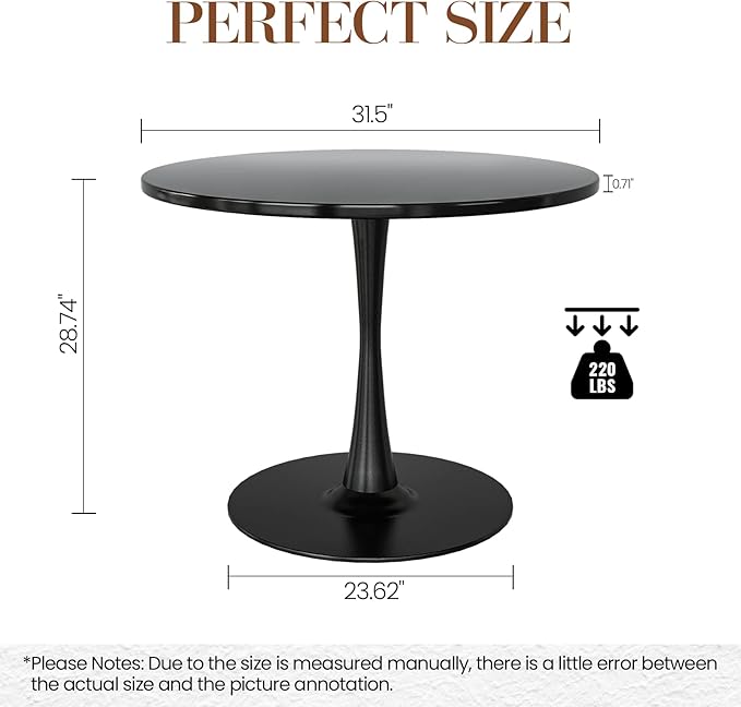 DKLGG Black Round Dining Table, 31.5" Tulip Table Kitchen Dining Table for 2-4 People with MDF Top & Pedestal Base, Mid-Century End Leisure Coffee Office Living Room Table