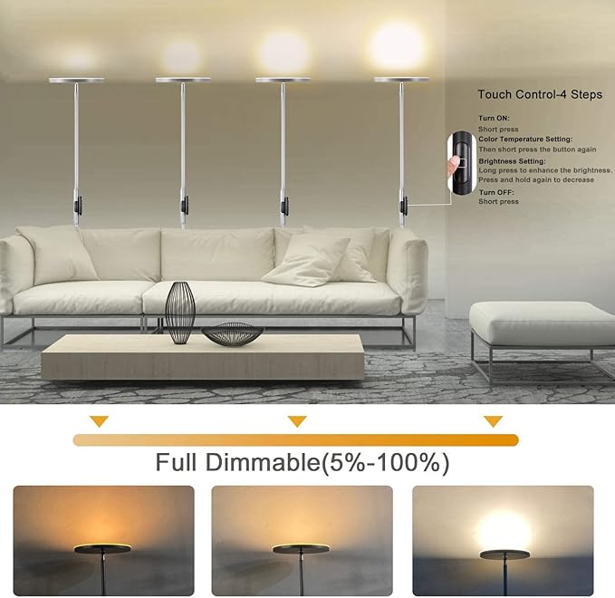 JOOFO Floor Lamp,30W/2400LM Sky LED Modern Torchiere 3 Color Temperatures Super Bright Floor Lamps-Tall Standing Pole Light with Remote & Touch Control for Living Room,Bed Room,Office（Platinum Silver）