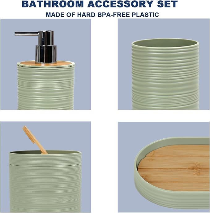 CERBIOR Bathroom Accessories Set 6 Piece Bamboo Bath Ensemble Includes Soap Dispenser, Toothbrush Holder, Toothbrush Cup, Soap Dish for Decorative Countertop and Housewarming Gift, Sriral Green