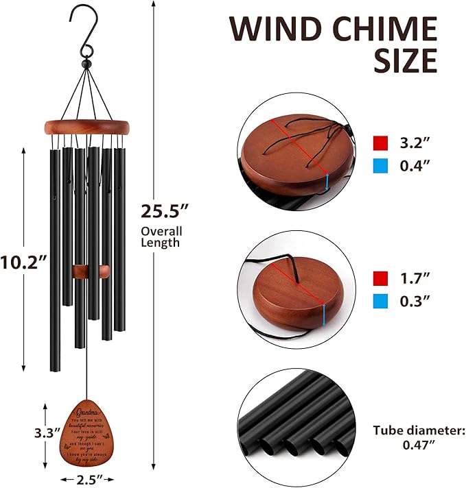 Memorial Gifts for Loss of Grandma,Memorial Wind Chimes 25'', Sympathy Gifts for Loss of Grandmother, Home Decor Outdoor Garden, Soothing Melodic Tones with Mute Option