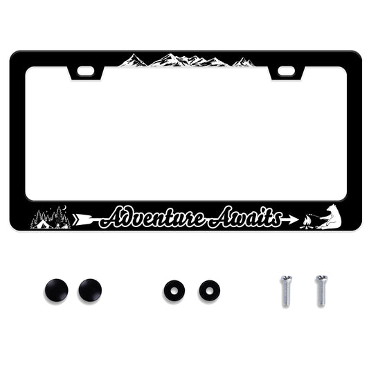 Adventure Awaits License Plate Frame Mountains Stainless Steel License Plate Frame Auto Parts Decoration with Screws License Pla