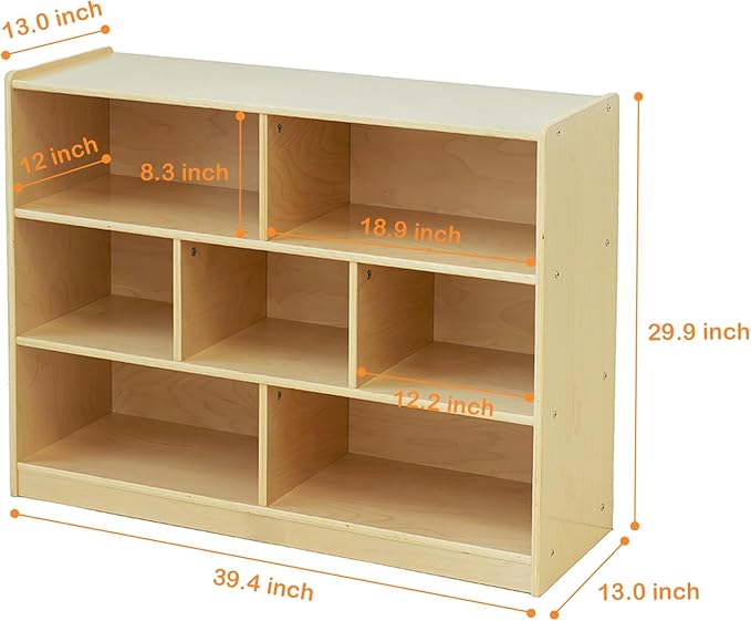 Kids Bookshelf and Toy Storage Shelf, Wooden Montessori Bookshelf, 3-Tier Toy Shelves with 7 Cubby, Classroom Furniture, Birch Children Bookcase, Book Shelf for Kids Room, Nursery, Playroom