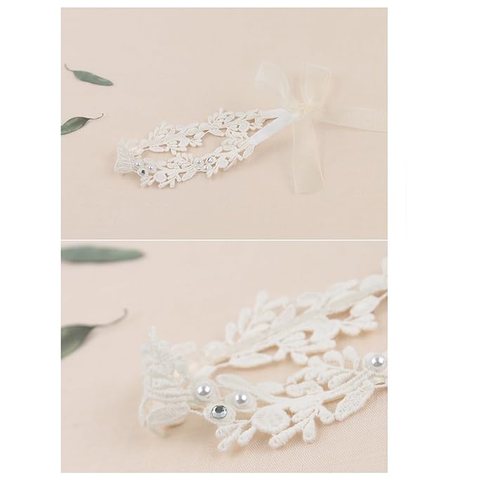 Baby Girls Hairband White Bow Lace Headbands Handmade Soft Stretchy Wide Head Band Newborn Hairbands with Bows Pearls Elastic Headband for Infant Hair Accessories（White Flowers）