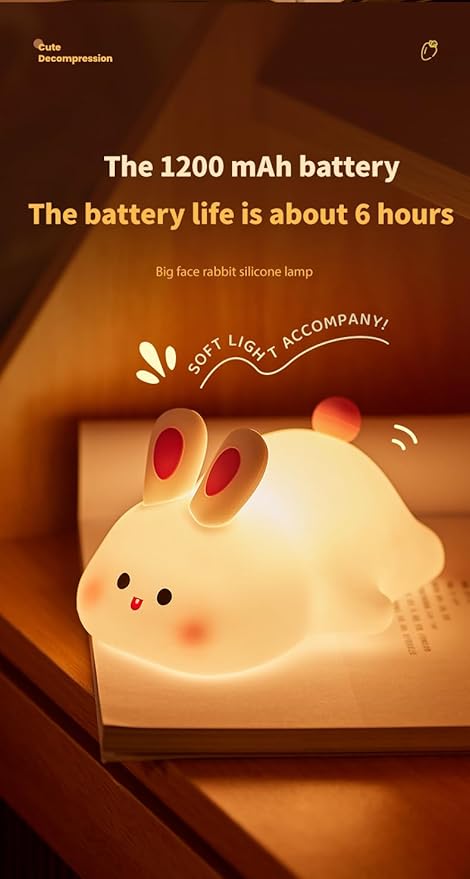 ATSUI Rabbit Night Light, LED Squishy Novelty Animal Night Lamp, Food Grade Silicone 3 Level Dimmable Nursery Nightlight for Desk Decor, Funny Gifts Stuff for Boys Girls Baby, White Elephant Gifts