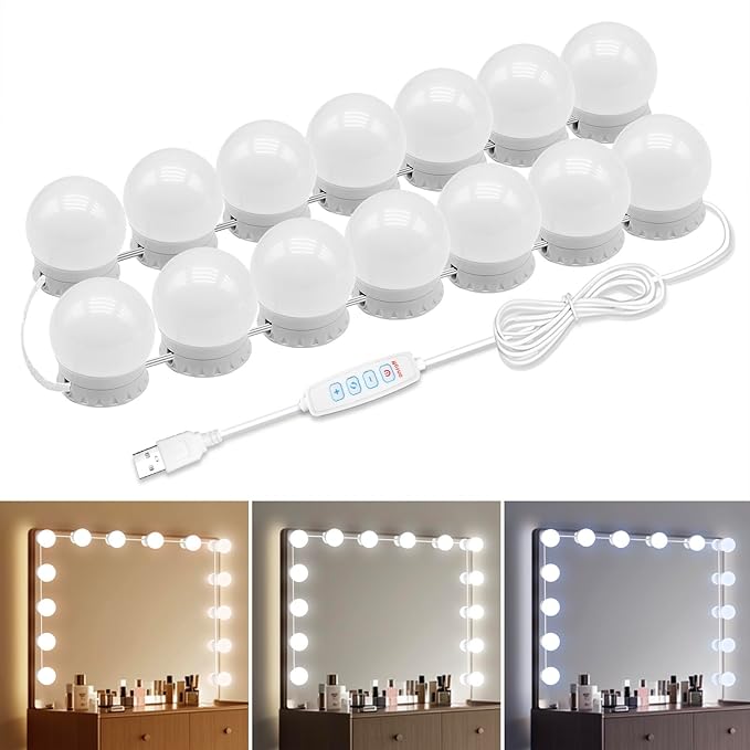 LED Vanity Mirror Lights with 14 Dimmable Bulbs, 3000K 4500K 6500K & 10 Brightness Levels Adjustable, Plug in USB Cable, Hollywood Style Stick On Mirror Lights for Makeup Desk Bathroom Dressing Room